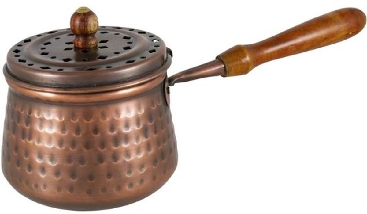 Koperen Wierookbrander met Houten Handvat - Voor Harsen, Kruiden en Houtskool - Ø 6cm