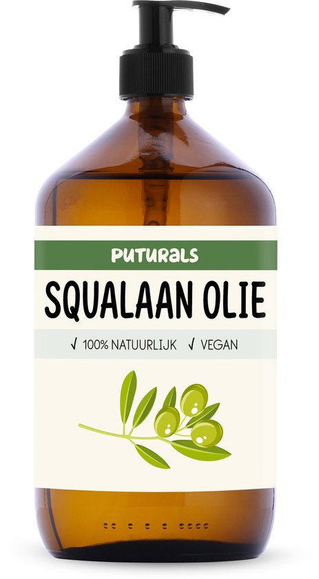 Bruine glazen fles met zwarte pomp met label 'PUTURALS SQUALAN OLIE 100% NATUURLIJK VEGAN' en afbeelding van olijftak met groene olijven.