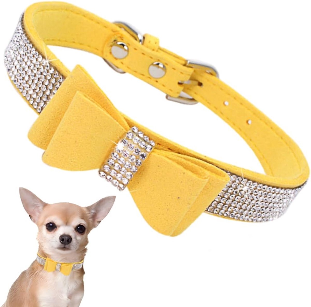 kleine honden met vlinderdas strik halsband puppy met strass parels glitter kristal stenen meisjes halsband kat teef strassteentjes geel XS