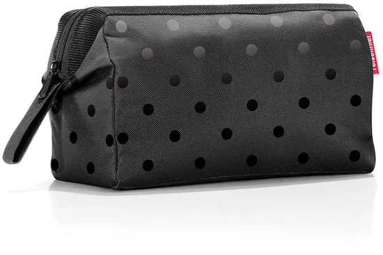 Zwarte toilettas van Reisenthel met glanzende polkadot print en ritssluiting.