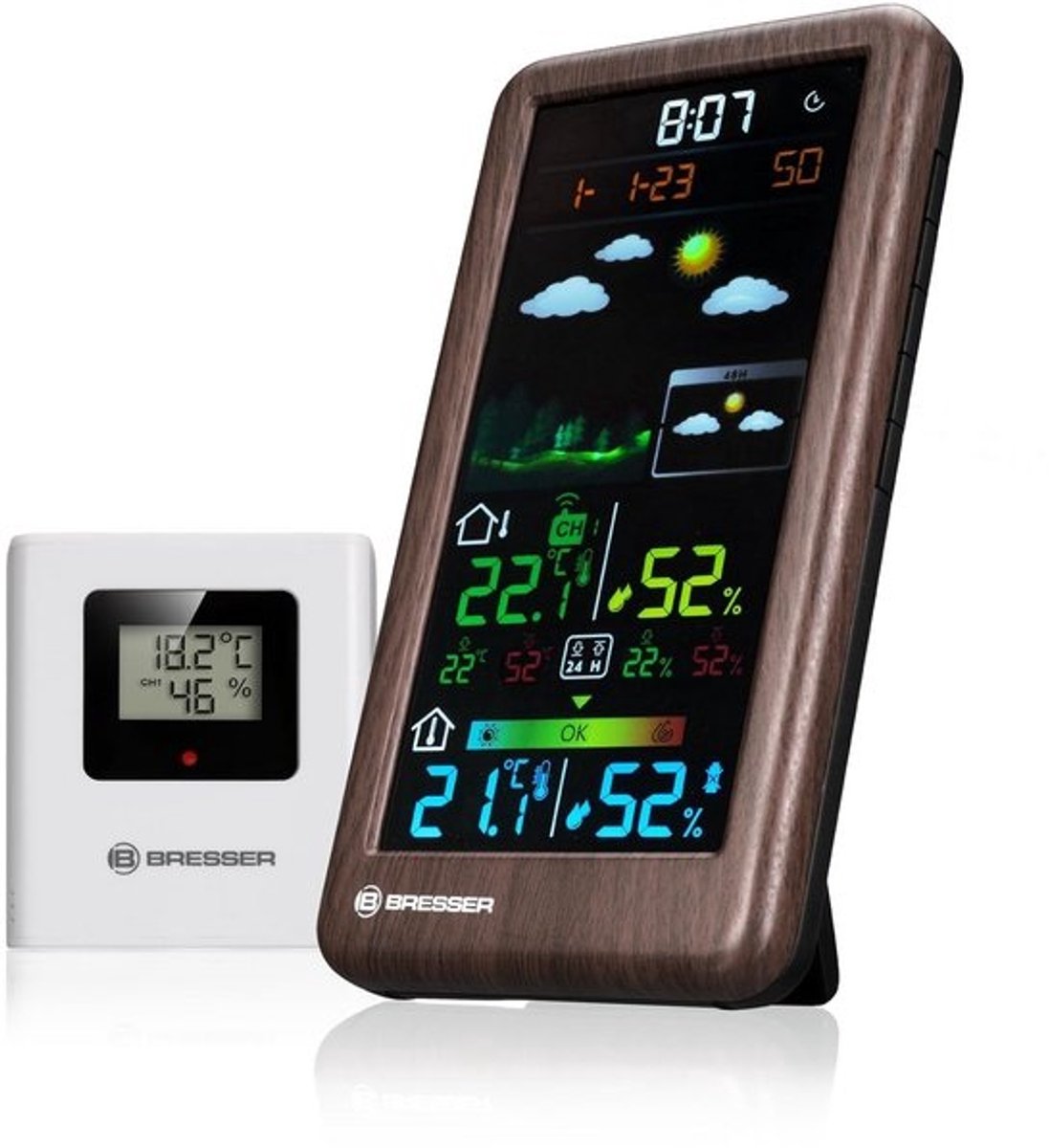 Weerstation Kleurendisplay - Binnen Buiten - Weersvoorspelling Thuis - Houtlook Design - 82 x 155 cm - Houtkleur