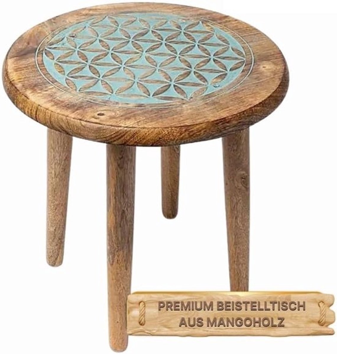 Ronde bijzettafel bloem van het leven blauwe print mangohout spiritueel