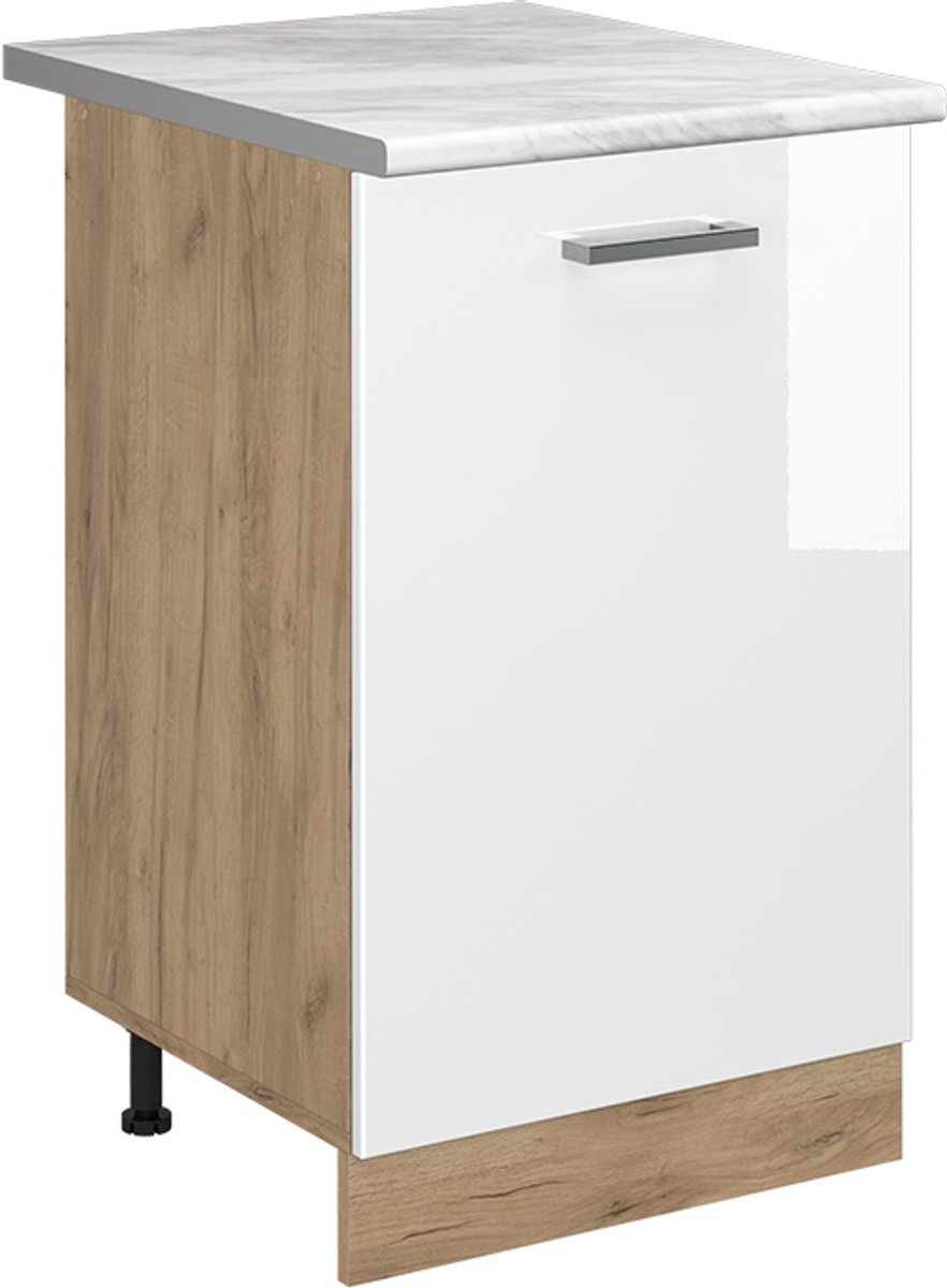 Vicco Keukenonderkast R-Line, Wit Hoogglans/Goudkleurig Eiken, 50 cm marmer werkblad