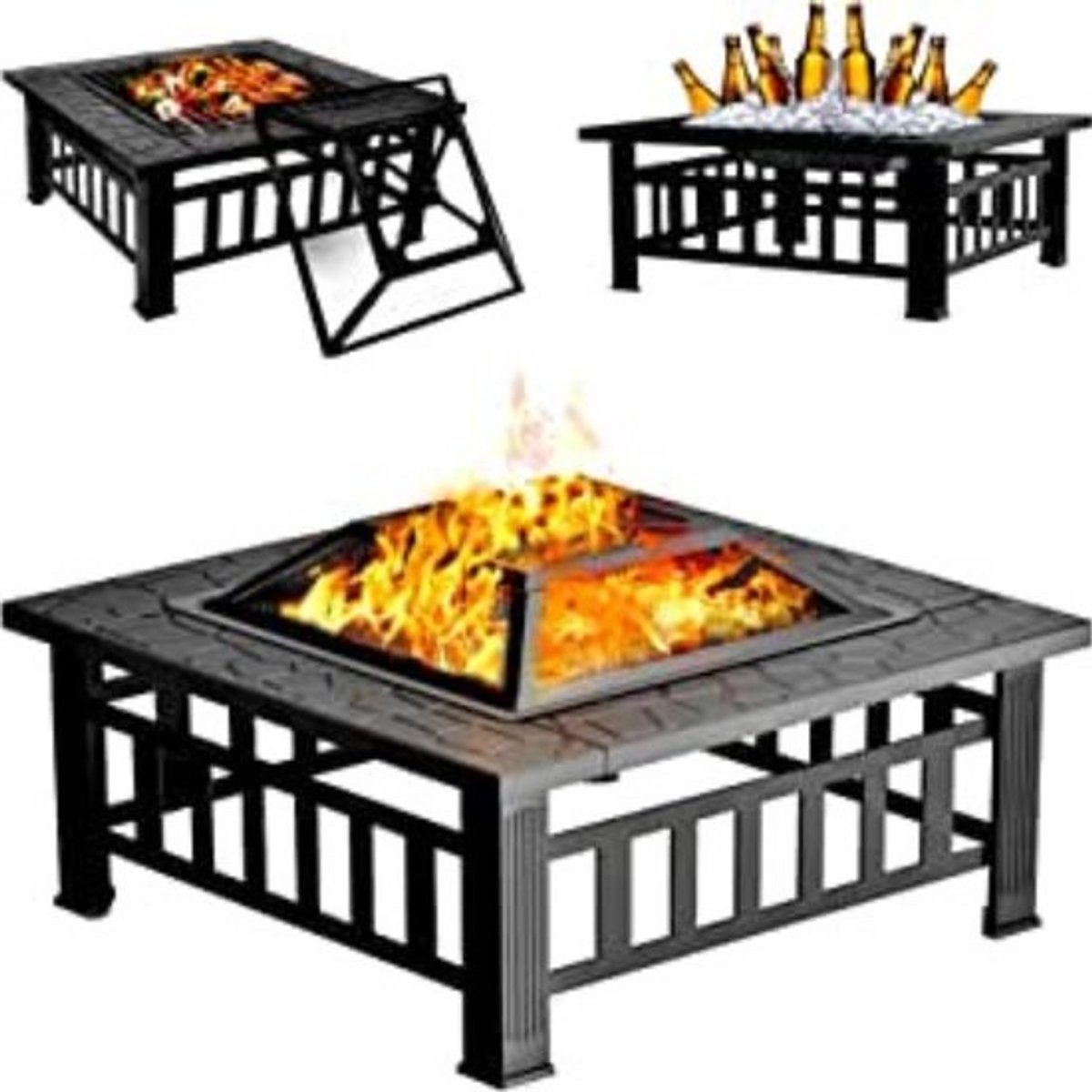Openhaard - Veelzijdige Buitentafel - Fire Pit Outdoor Fire Pits Outdoor Hout Branden Met Spark Screen Cover en Poker (Vierkant)