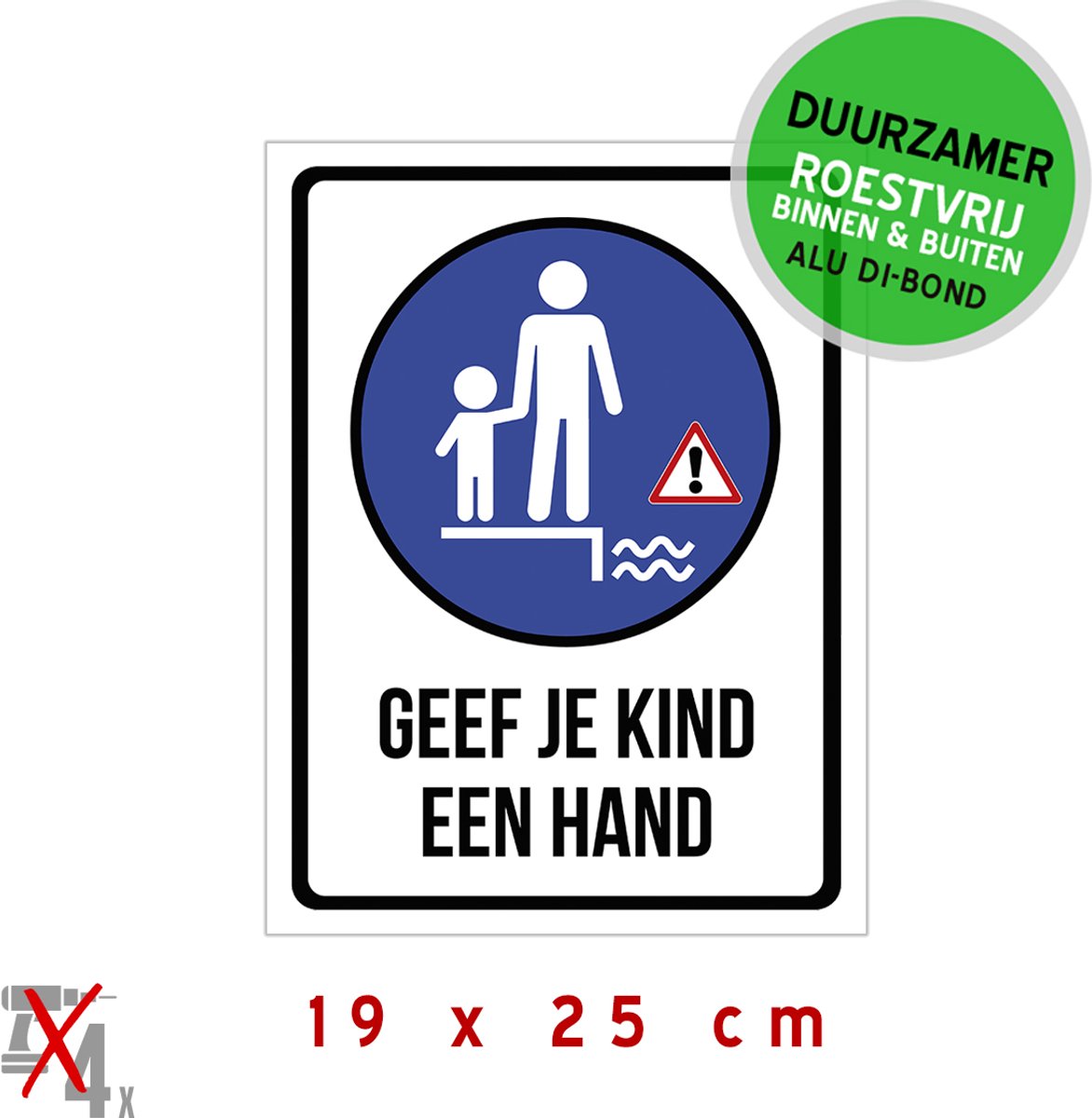 Pictogram/ metaal bord | "Geef je kind een hand" | 19 x 25 cm | Stevig materiaal | Kaai | Water | Kanaal | Kade | Gevaar | Rivier | Kinderen | Verdrinking | Roestvrij | 1 stuk