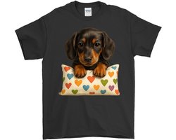 Dachshund Shirt – Schattige Teckel Puppy op Kussen – Dieren Outfit – Unisex T-Shirt voor Dames & Heren – Leuk Cadeau