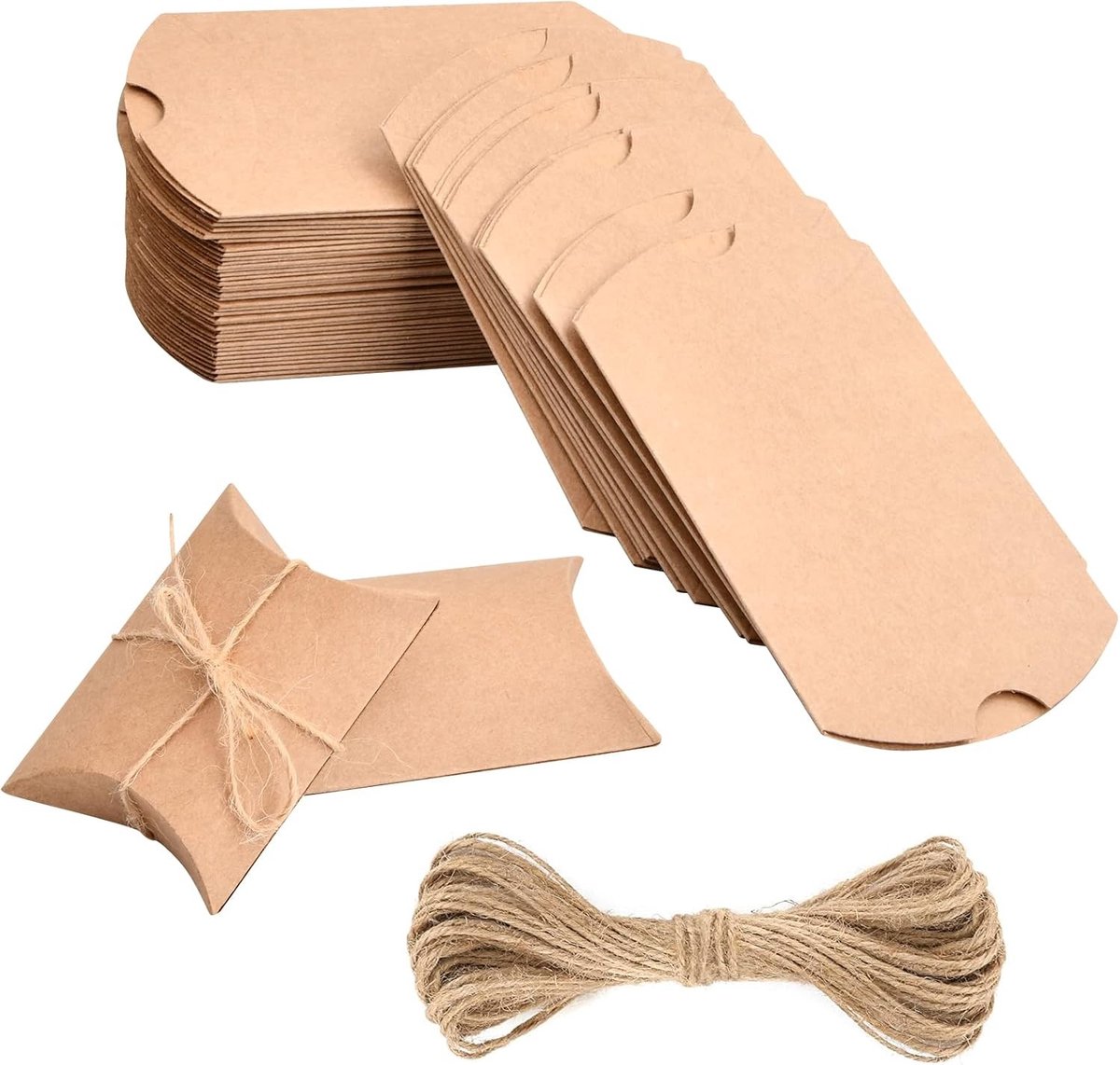 50 Stuks Kraft Papieren Cadeauboxen, Kussendozen met Jute Touw voor Snoep, Kleine Cadeaus voor Bruiloften, Verjaardagen en Feesten (9 x 6,5 x 1 cm)