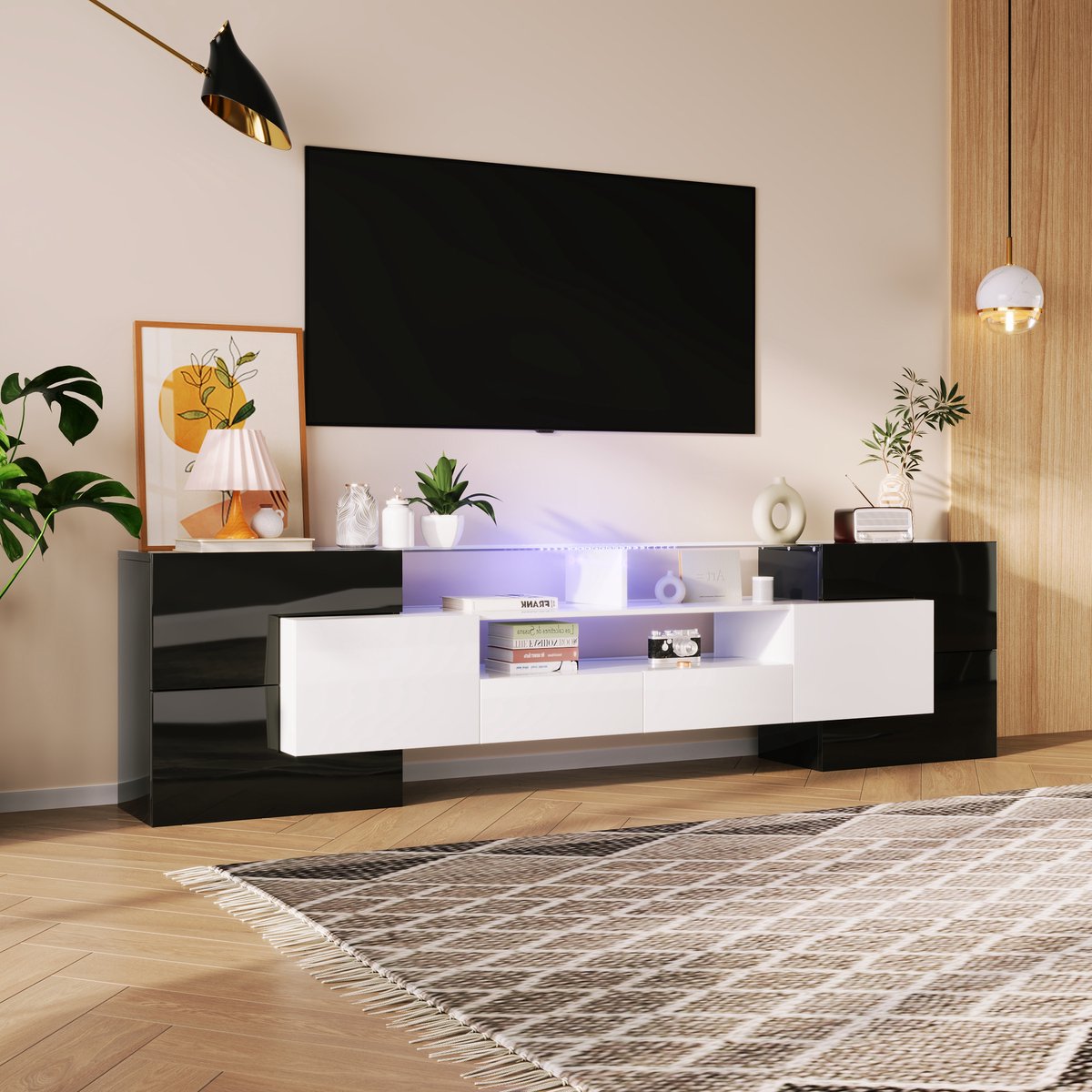 MUVANO Tv Meubel 200 cm - Moderne Tv Kast - Lowboard - Tv Dressoir - 200x35x60 cm - Met App-gestuurde LED Verlichting - Voor Woonkamer Hoogglans Wit En Zwart
