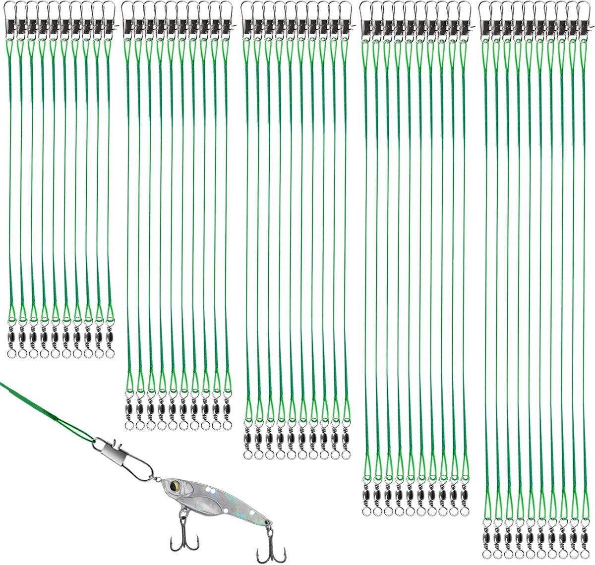 Voordeelverpakking van 100 roestvrijstalen onderlijnen (10 cm – 30 cm) – Onderlijnen voor roofvis met wartels en snelsluitingen, geschikt voor zout en zoet water