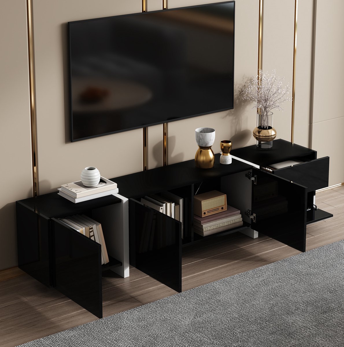 MEUNIQ TV-meubel 170 x 30 x 39 cm met LED-verlichting, 3 deuren, klepdeur, lade en kabeldoorvoer – zwart-wit hoogglans deurpanelen voor woonkamer