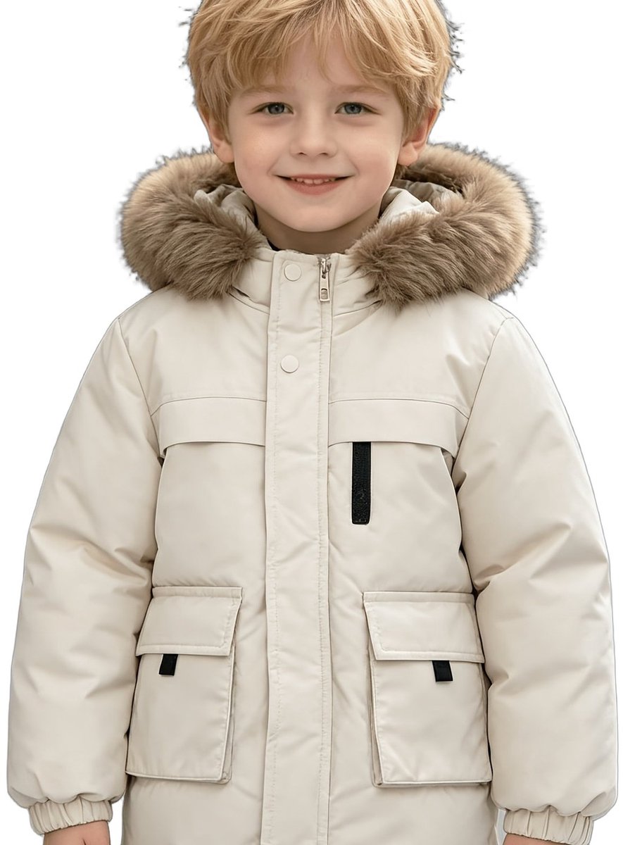 Currero Winterjas Parka Jongens Lange Jas Wintermantel Overjas Gewatteerd Waterdicht Winter Stijlvol Mantel Kinderen 4-5 Jaar Beige