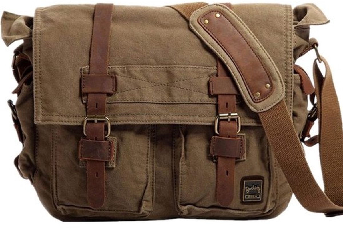 Canvas Heren Messenger Tas Vintage Schoudertas voor Laptop 13.3 tot 17 inch - Kaki