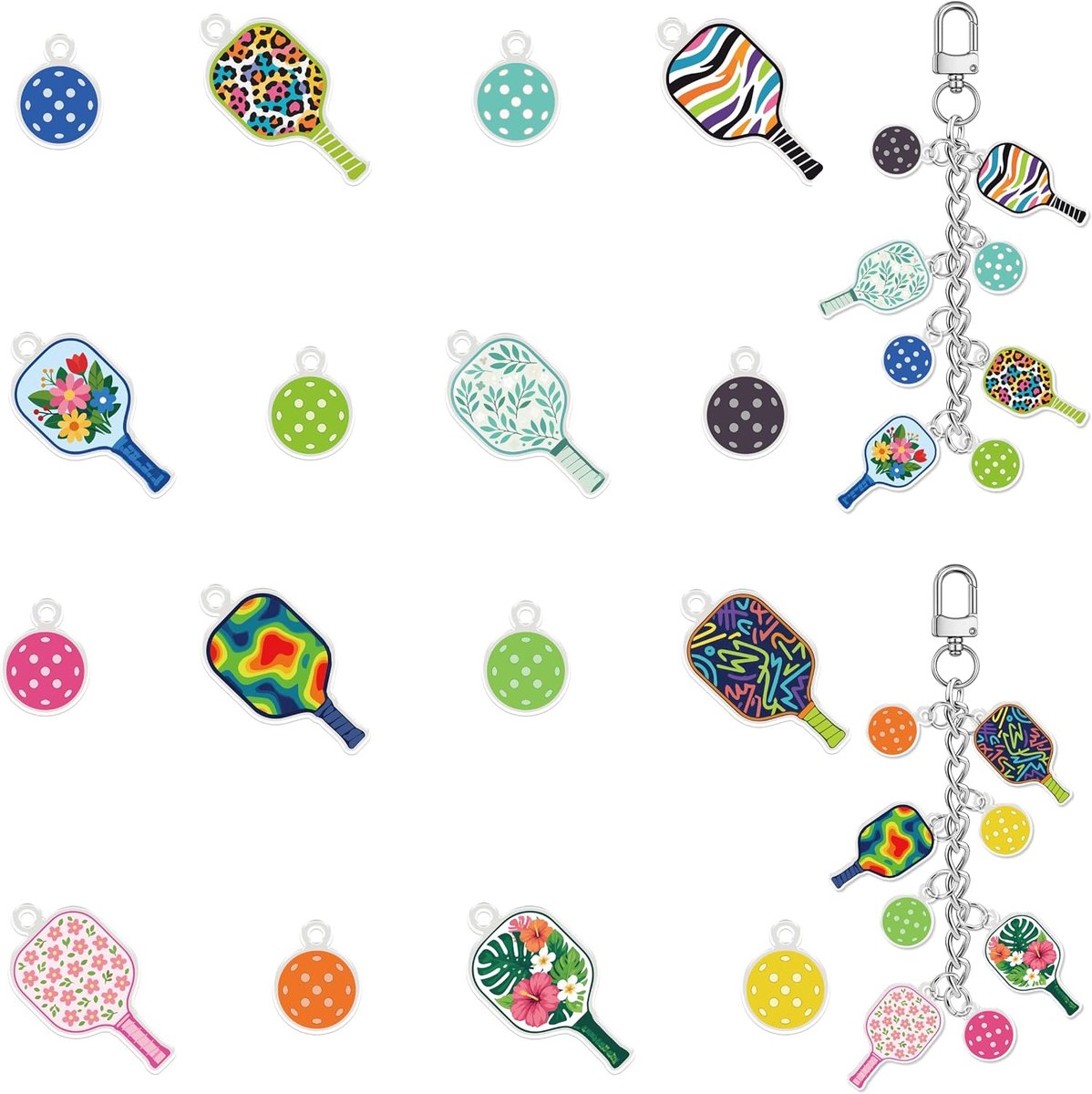 2 stuks sleutelhangers bulk kleurrijke acryl gezonde sleutelring set 16 cm grappig thema gemengde stijl bedelsleutelhanger voor vrouwen mannen medewerkers, Meerkleurig, Eén maat