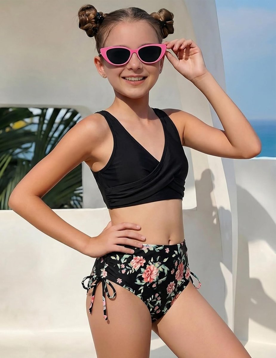Bikiniset voor meisjes, V-hals, wikkellook, tankini, hoge taille, bikinibroek met trekkoord, zeemeermin, luipaard, badpak, tweedelige badmode, 7-16 jaar