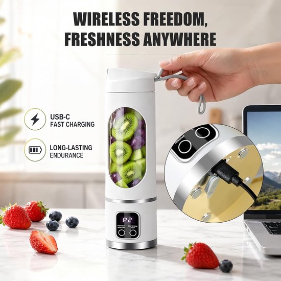 Blender smoothie maker, mini-mixer to go, 450 ml, oplaadbaar, beker met led-display, 12 messen, BPA-vrij, draagbare blender voor milkshake, sap, smoothie (2 - wit) van Blender — afbeelding 5