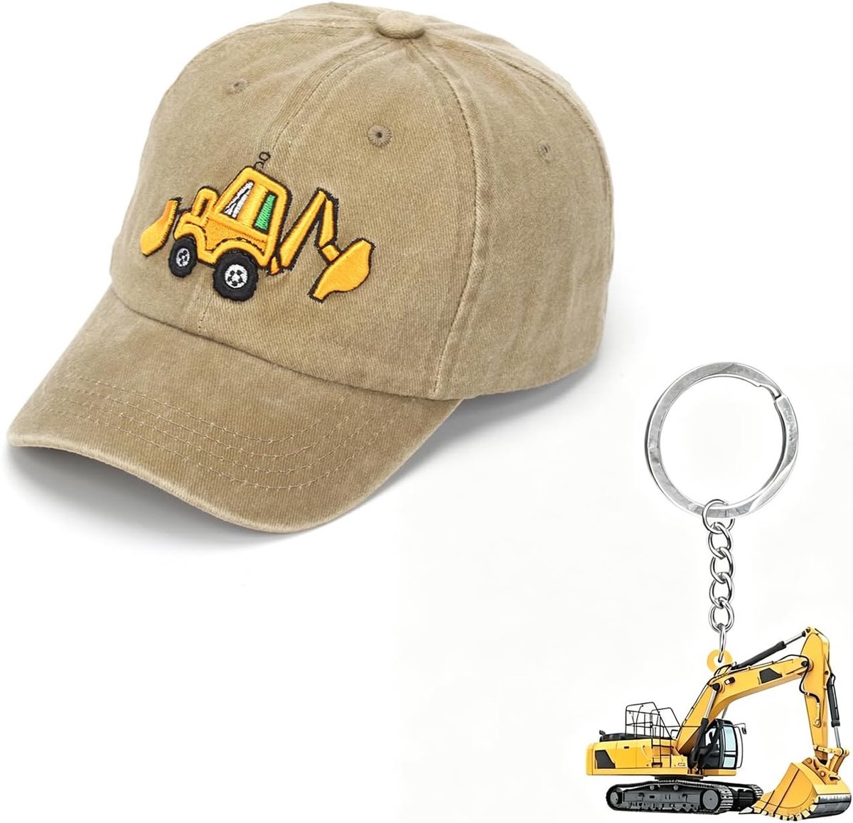 1 Stuks Graafmachinehoed Voor Kinderen, 1 Stuks Graafmachinesleutelhanger Van Acryl, Ademende Baseballpet Met Klep, Decoratieve Hanger Voor Kinderrugzak.