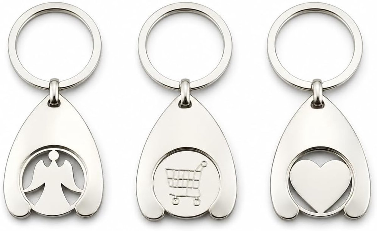 Set van 3 afneembare sleutelhangers voor winkelwagens, autosleutelhanger, voor de meeste winkelwagens, van metaal, muntje voor supermarkt