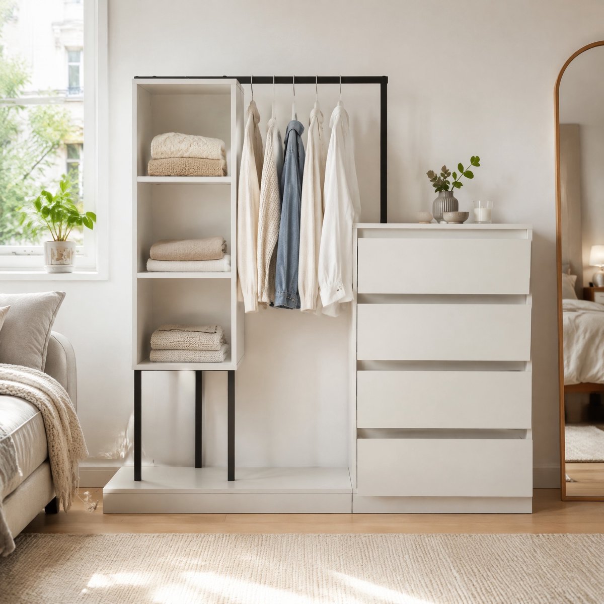 MEUNIQ Kledingkast 140 x 40 x 135 cm met kledingroede, 4 lades en 3 open vakken – wit-zwarte opbergkast voor slaapkamer