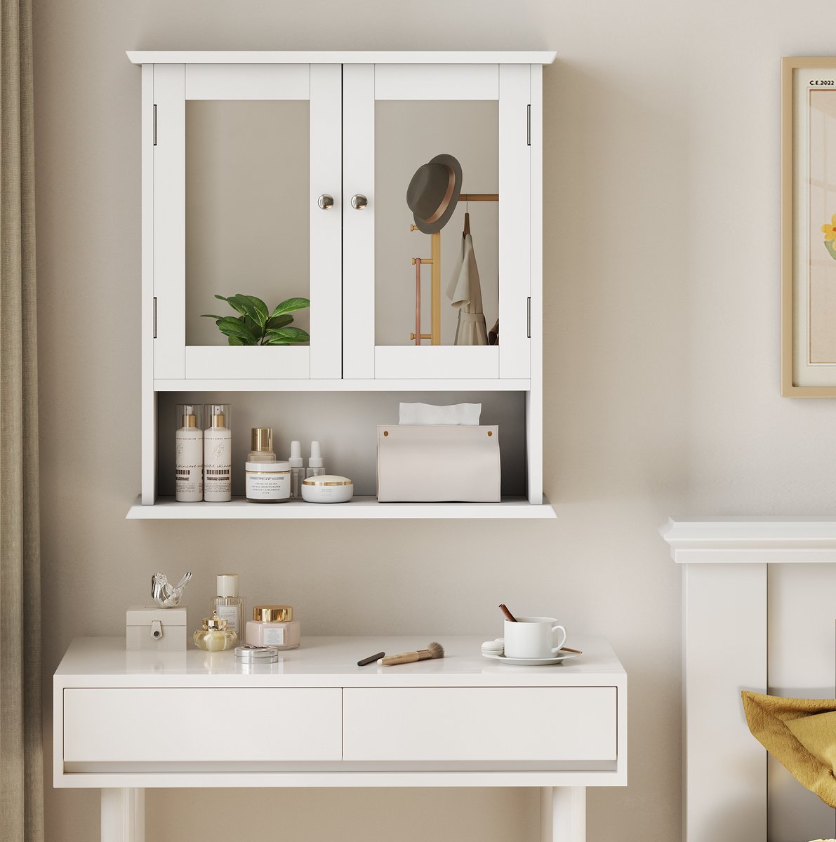 MEUNIQ Wandgemonteerde badkamer spiegelkast 54,6 x 19,8 x 60 cm met dubbel spiegeldeuren, verstelbare legplanken en open vak voor badkamer, wit