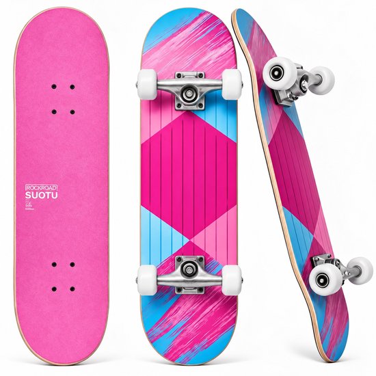 Een roze skateboard met een blauw en roze ruitpatroon en blauwe verfstrepen.