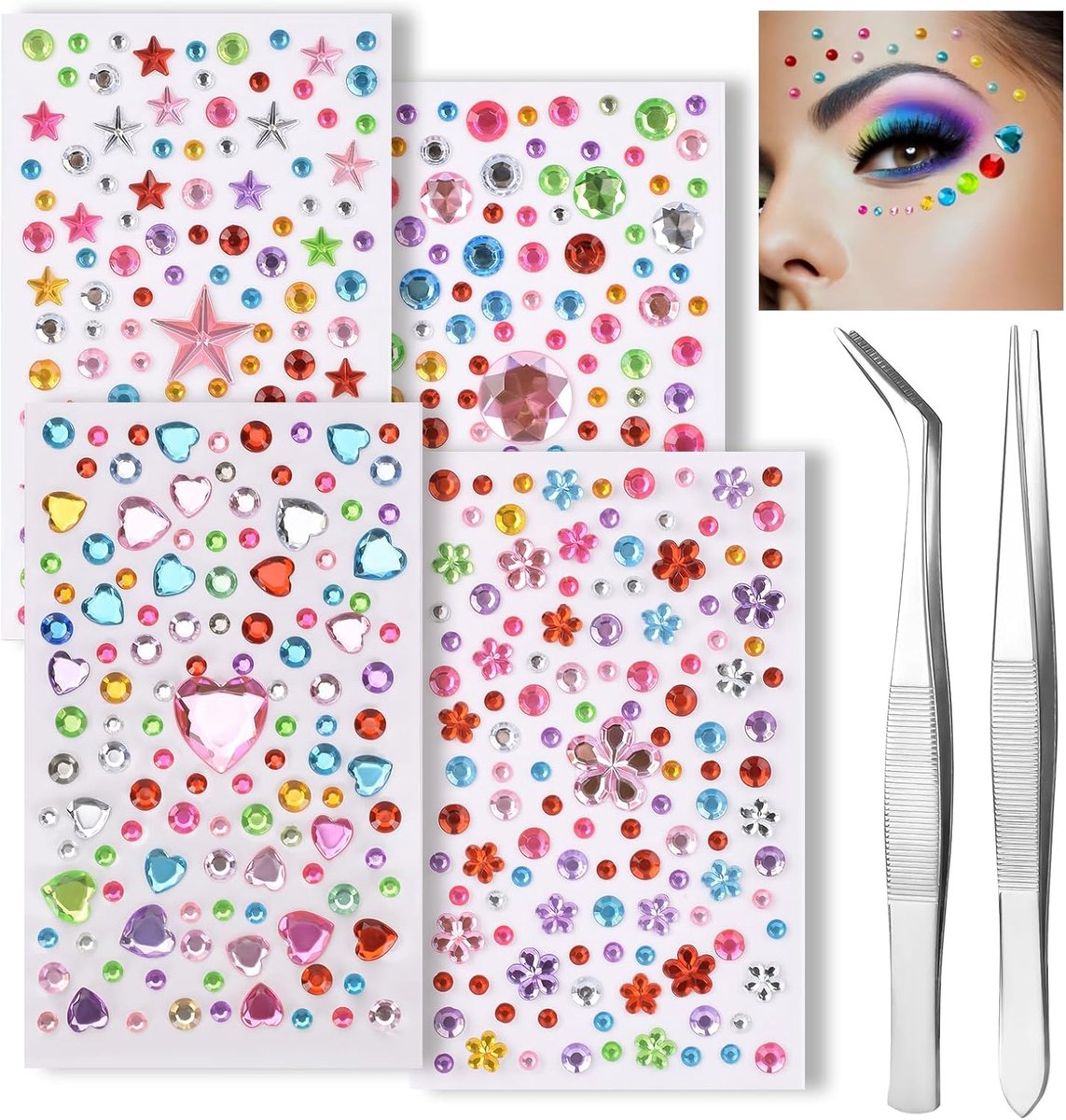 Sticker strass stickers acryl edelstenen doe-het-zelf ambachten zelfklevende diamant stickers voor gezicht ogen festival make-up lichaam (4 vellen 476 stuks)