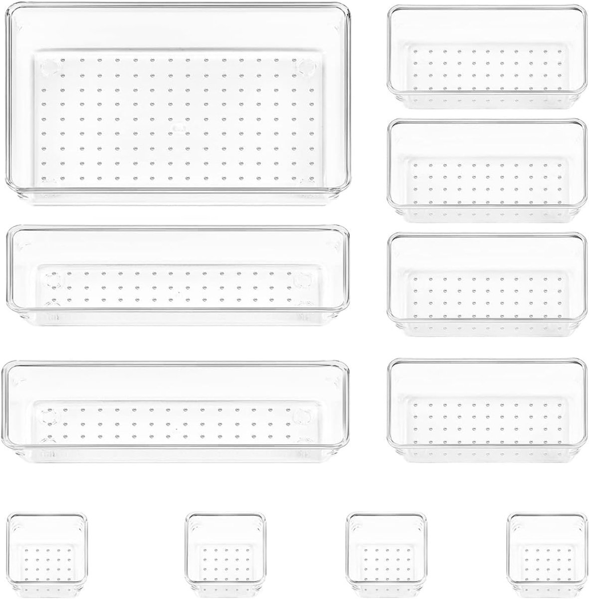 11-delige ladeorganizerset, transparante kunststof cosmetica- en kantoororganizer, 4 maten, stapelbaar, helder zicht
