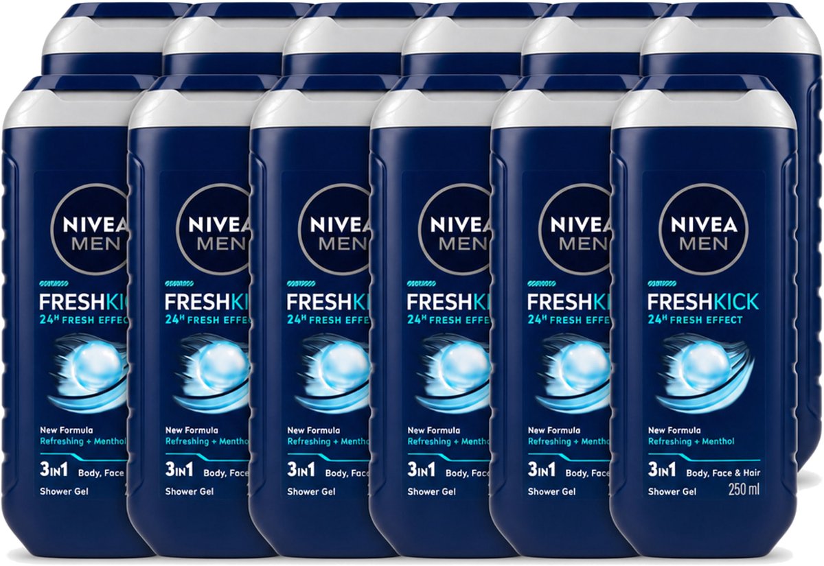 12 x Nivea Men – Douchegel – Fresh Kick – 250 ml - Voordeelverpakking - 12 stuks