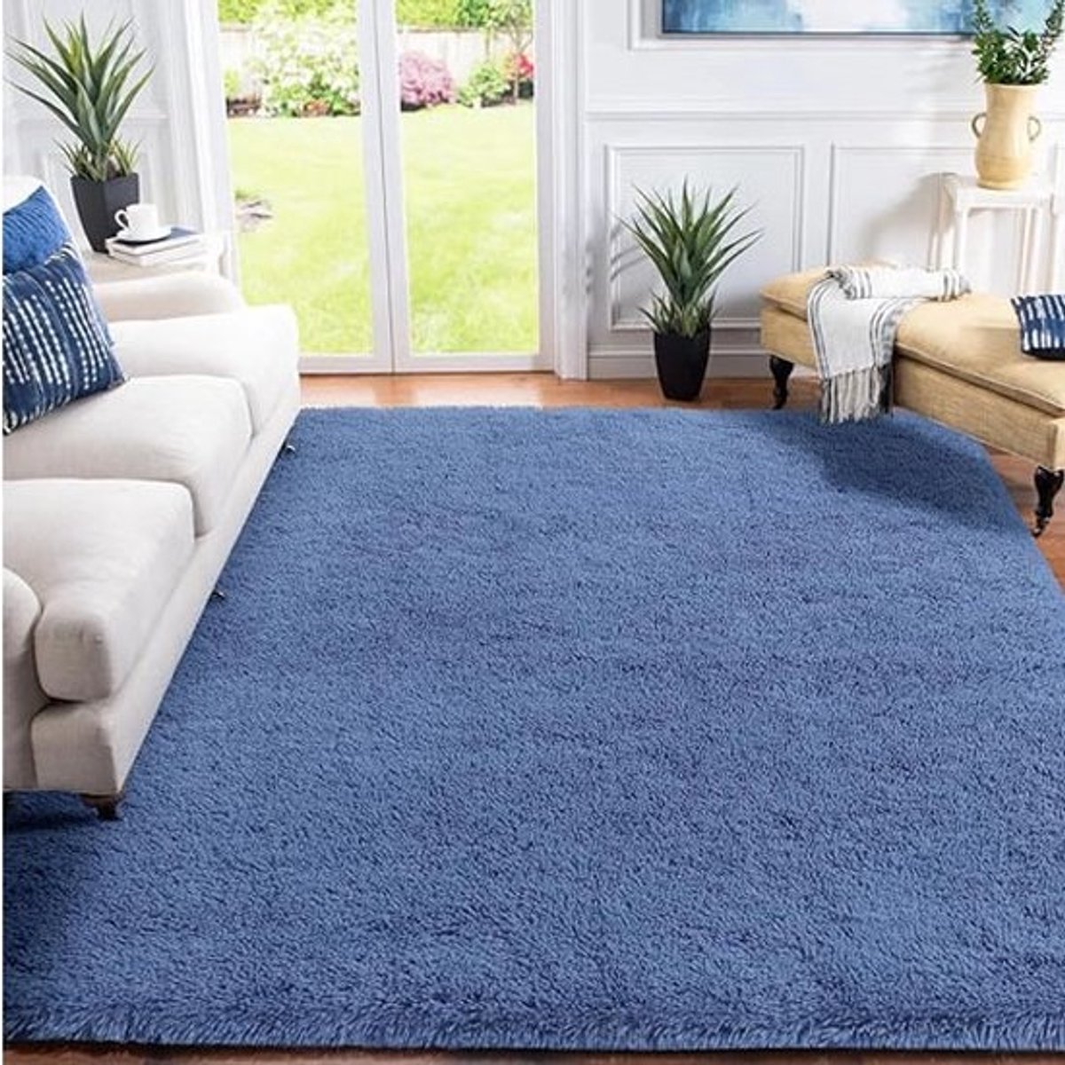 Hochflor Wohnzimmer Teppich, Schlafzimmer Bettvorleger, moderner zottelig flauschig weicher Teppich für Kinderzimmer mit Anti-Rutsch Unterseite, waschbar, 80 x 160 cm, Kobaltblau