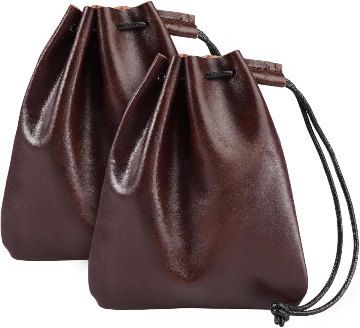 Retro leren opbergzak, vintage koeienhuid munttas met trekkoord 14.5x13cm, ideaal voor coins en kleine accessoires