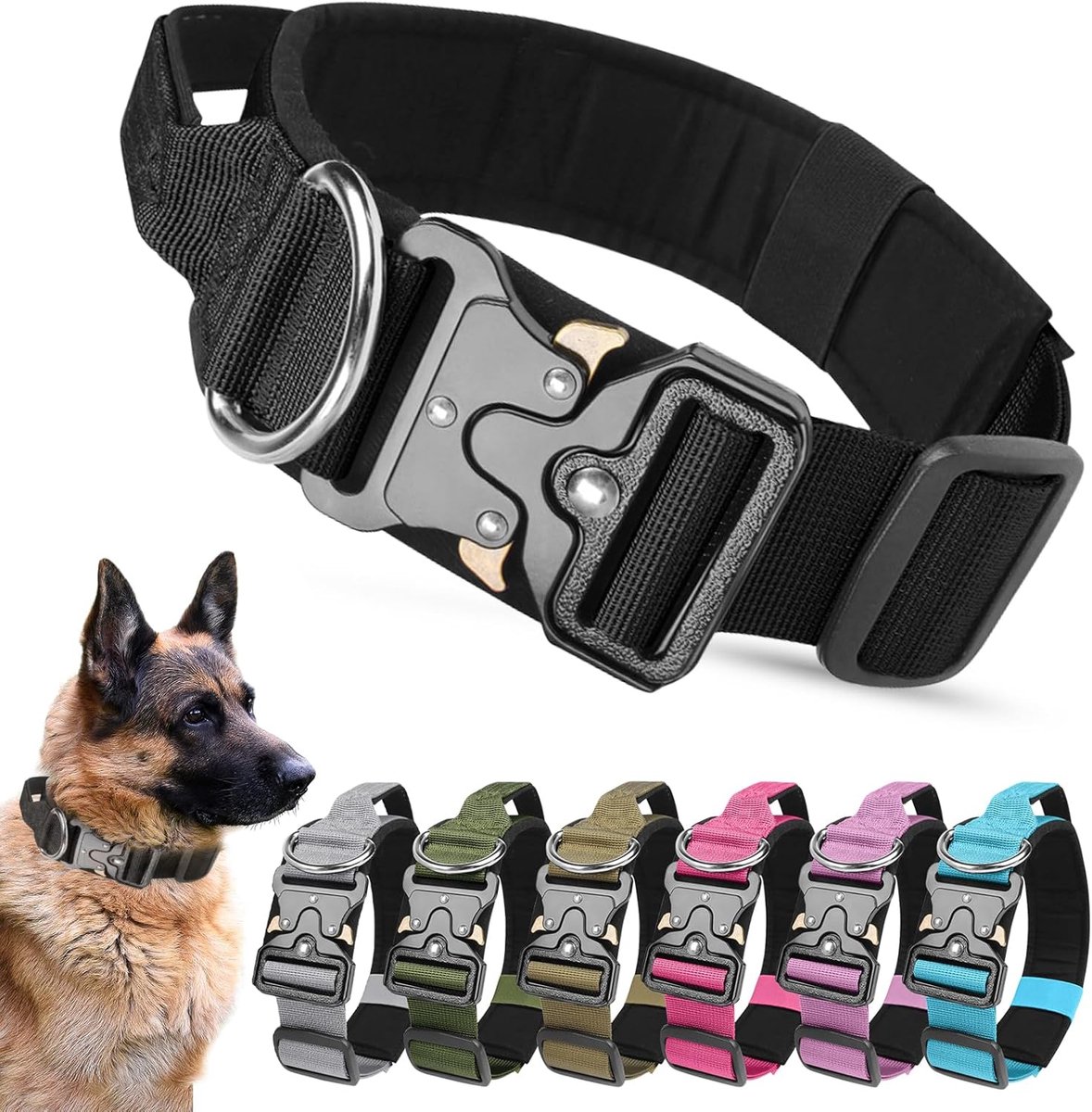 Hondenhalsband, robuuste brede halsband met handvat en zacht gewatteerd, verstelbare comfortabele halsband voor kleine, middelgrote en grote hondentraining (zwart, L)