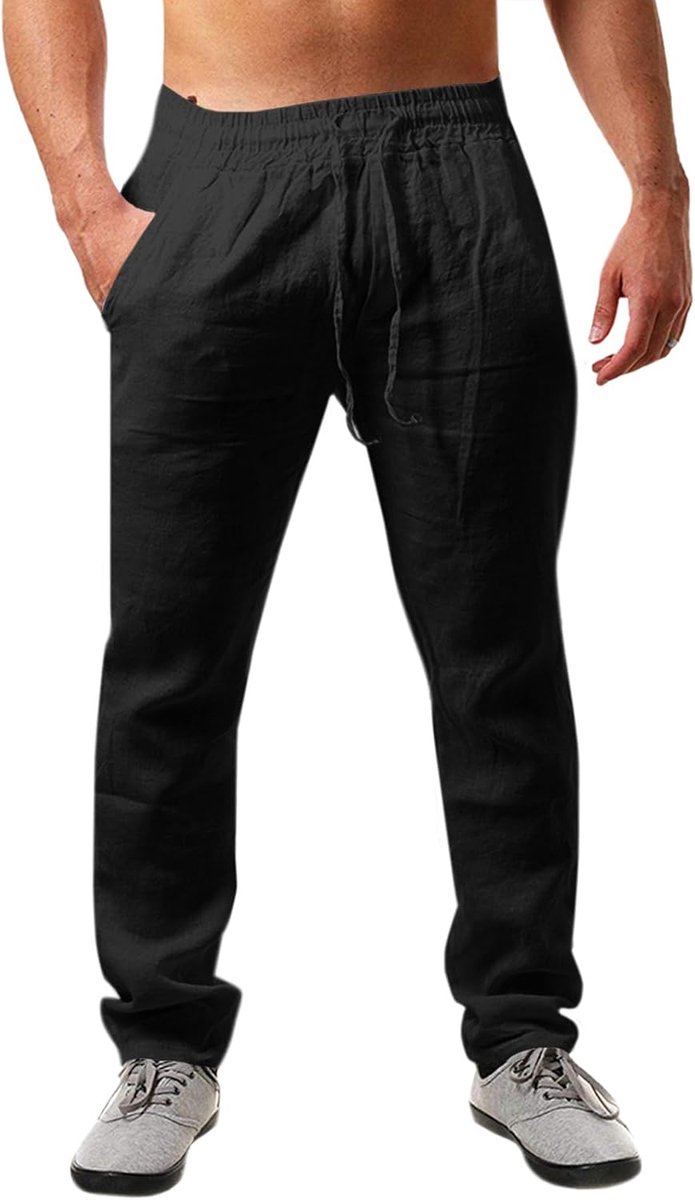 Linnen herenbroek, effen, lang, licht, zomerbroek, losse pasvorm, vrijetijdsbroek met trekkoord, voor vakantie, strand, dagelijks gebruik
