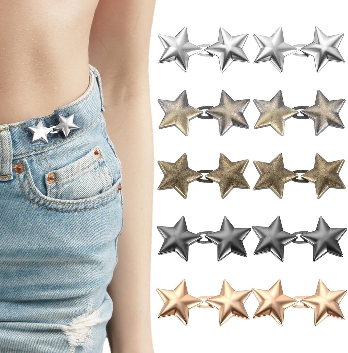 Knopen voor Losse Jeans, Herbruikbare Broek Taille Spanner Clips Metalen Verstelbare Sterren Broche Cincher Clip voor Kleding Jurken Rokken Geen Naaien Decoratie Accessoires