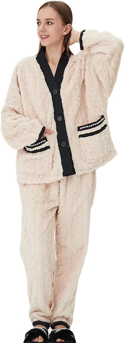 Winter Pajamas Women'S Winter Warm Coral Fleece Pajamas,Stylish V-Neck Button-Up Cardigan Loungewear Set-A-M