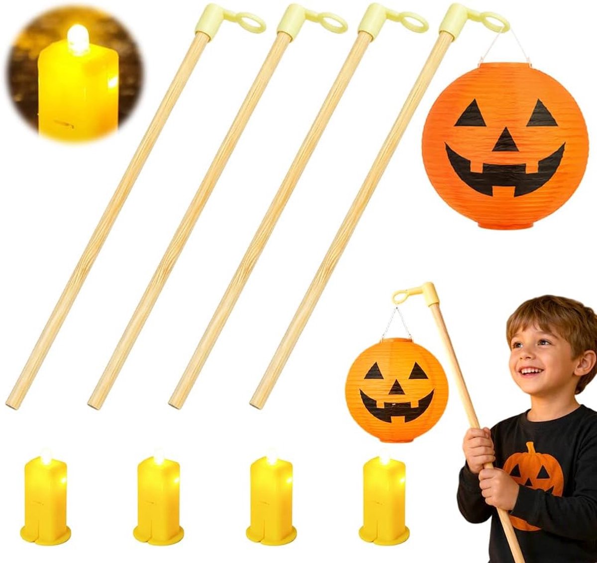 4 stuks lantaarnstaaf, 30 cm houten lantaarnstokken, Halloween, elektronische led-lantaarns met lamp, voor Halloween, Martin, kinderen, feesten, lantaarns, Kerstmis