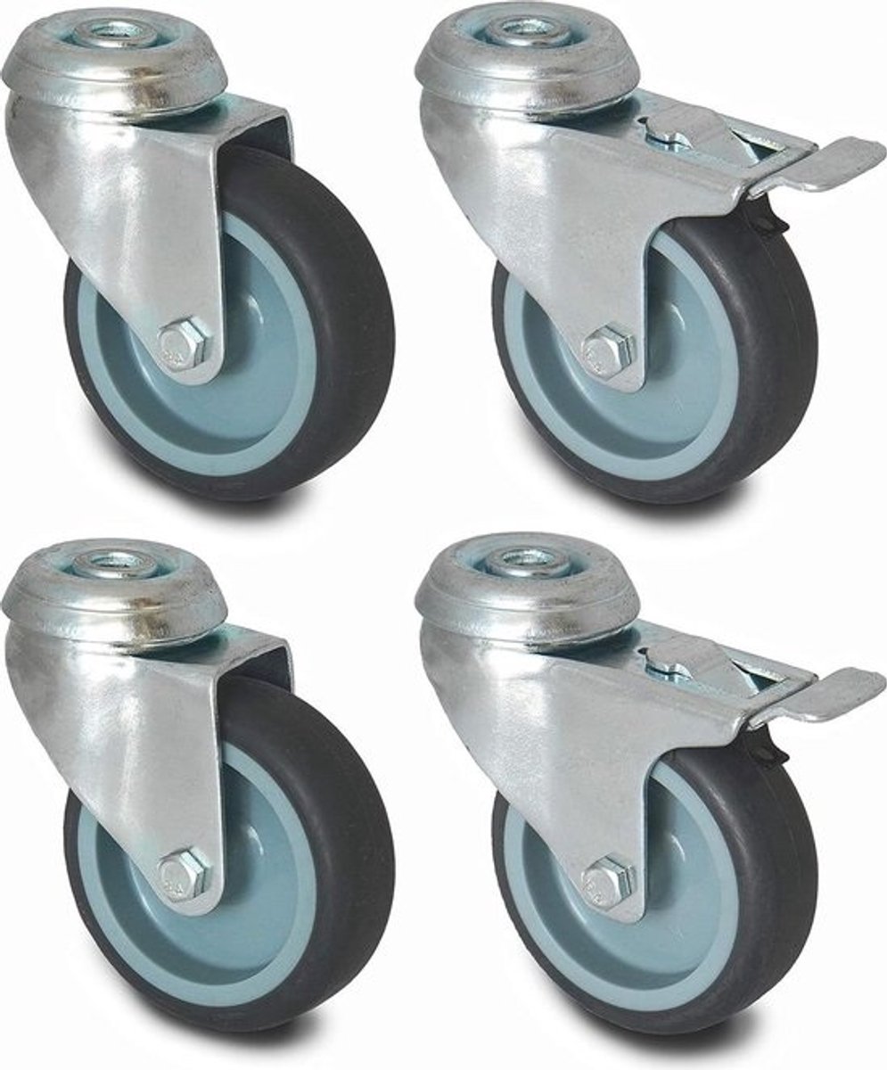 Set van 4 zwenkwielen 75mm enkele boutgatbevestiging - TPR-rubber - 2 geremd 2 draaibaar
