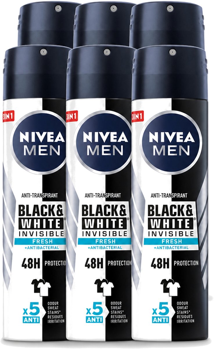 6 x Nivea - Men - Deodorant - Spray - Black & White Invisible Fresh - 150 ml - Voordeelverpakking - 6 stuks