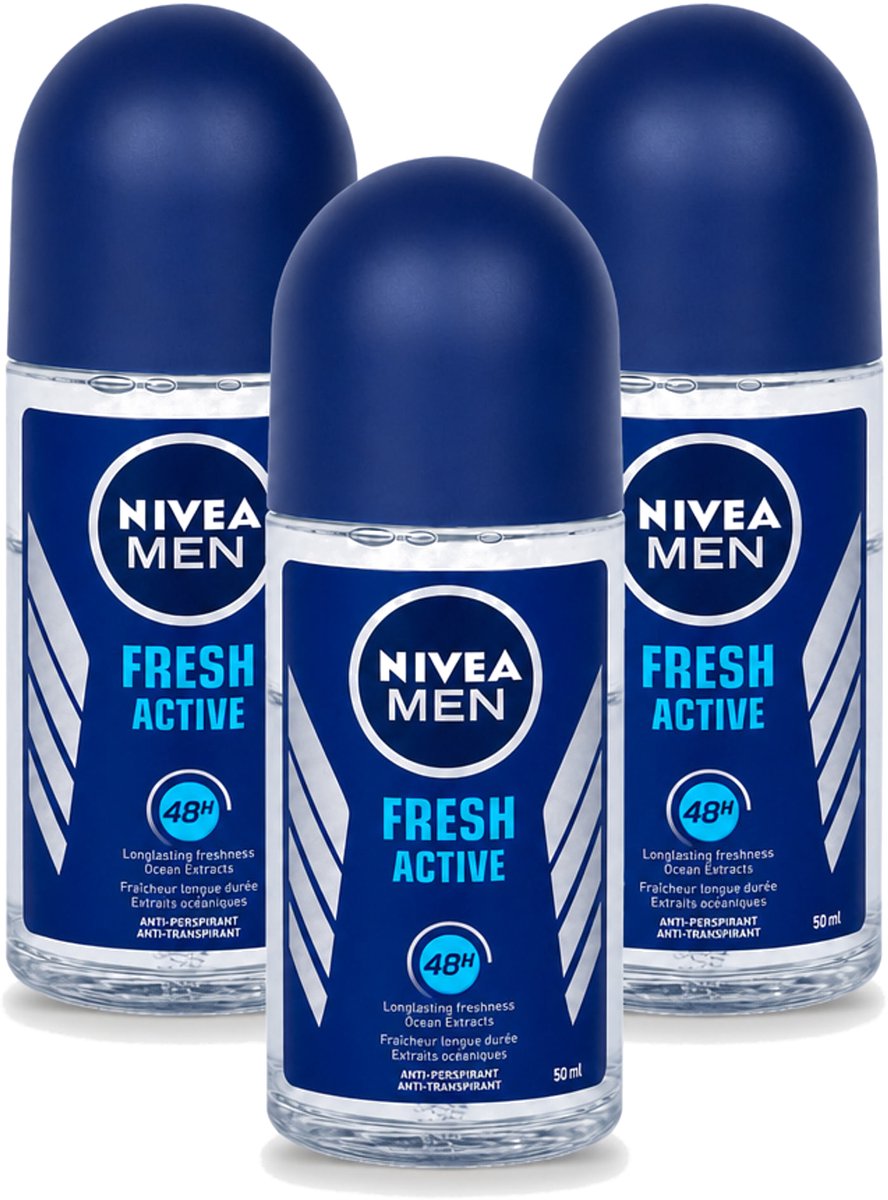3 x Nivea - Fresh Active Roll-On - Antiperspirant - 48 Uur Lang Werkend - 50 ml - Bulkverpakking - 3 stuks