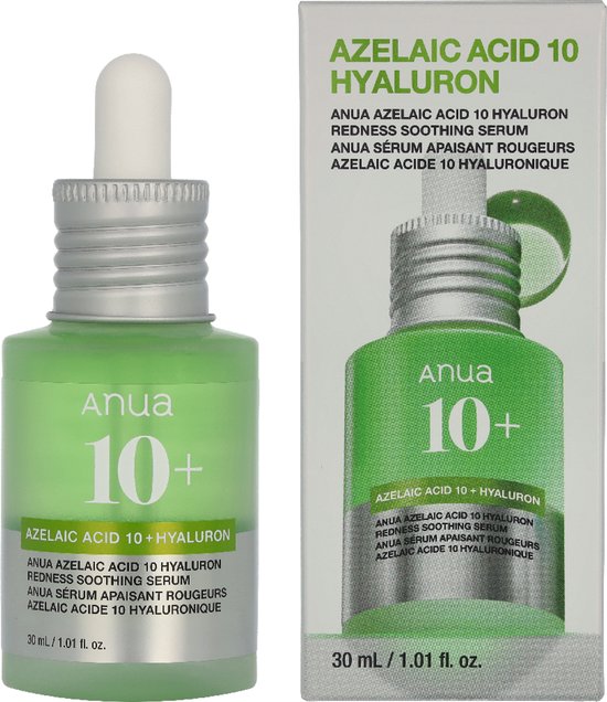 Groene fles Anua Azelaic Acid 10% Hyaluron Redness Soothing Serum met pipet, 30 ml.