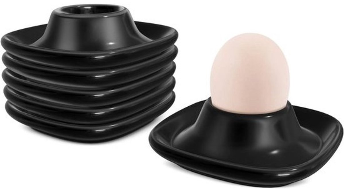 Set van 6 Eierdopjes Keramiek voor Zacht Gekookt Ei - Stapelbare Houders voor Ontbijt en Brunch - Zwart