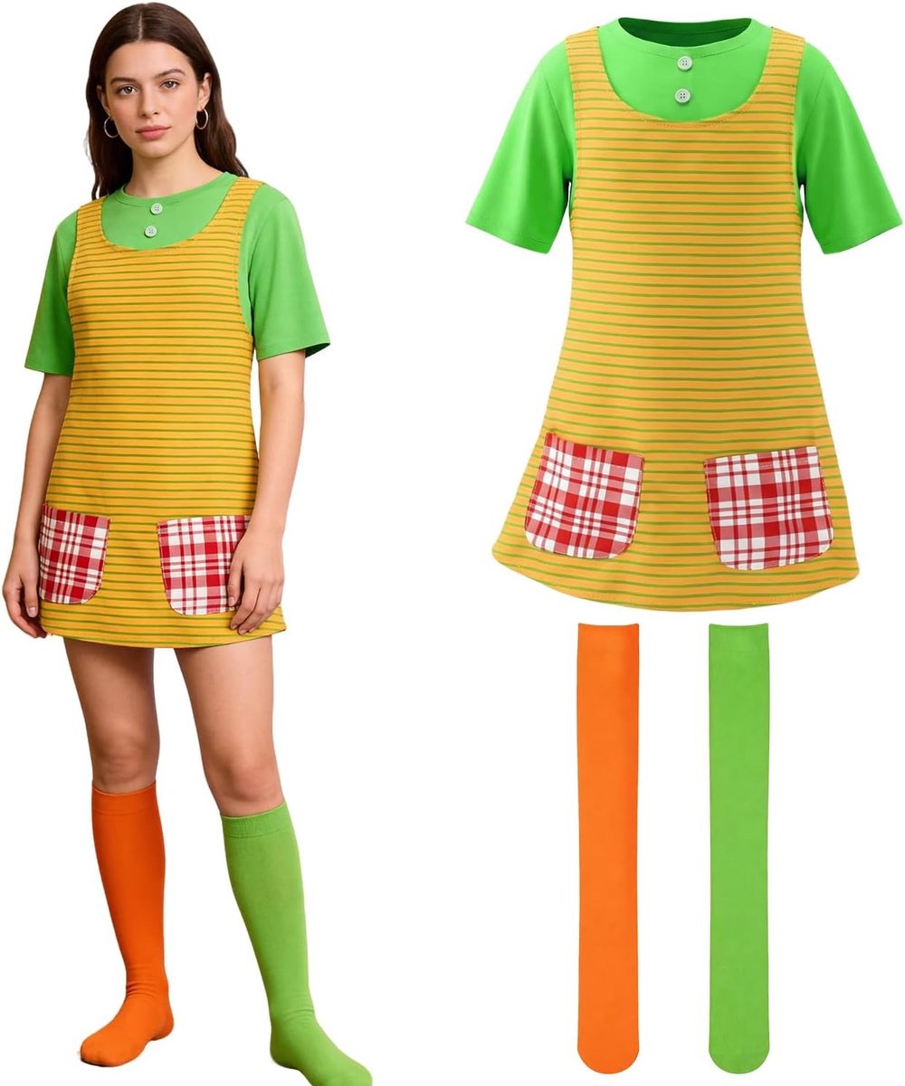 Vrouwelijk Carnaval Kostuum met Kleurrijke Jurk en Kousen - Feestoutfit voor Dames en Verkleedpartijen