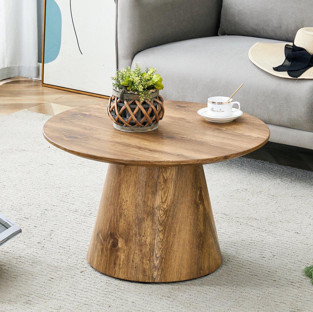 MEUNIQ Ronde salontafel Ø 60 cm, 35 cm hoog, MDF met houtlook en vilten glijders, voor woonkamer, balkon of als bijzettafel, houtkleur