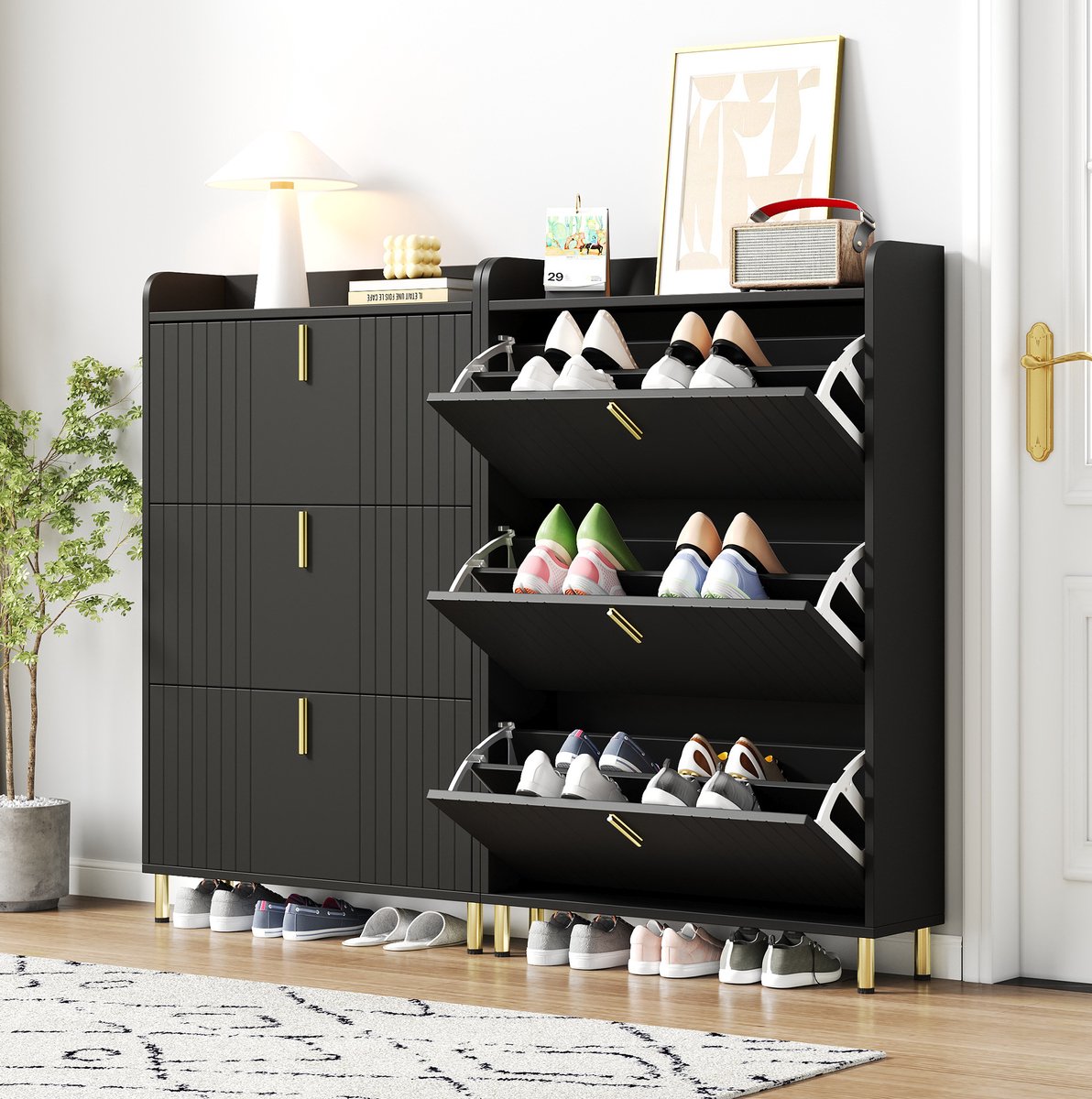 MEUNIQ Schoenenkast met 3 kleppen en 6 vakken, verstelbare legplanken, anti-kantelvoorziening en opbergbovenblad voor hal, zwart, 80 x 23,5 x 123,5 cm