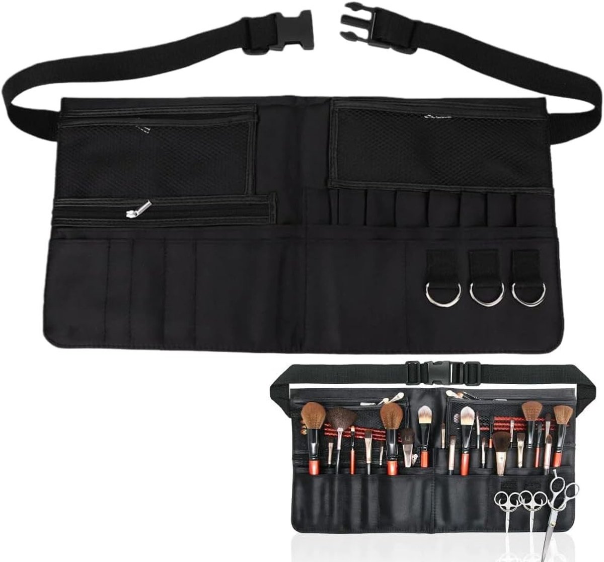 Verstelbare Make-up Borsteltas van PU Leer met Meerdere Compartimenten voor Organisatie, Ideaal voor Thuis, Salon en Reizen, 47 x 23.5 cm, Zacht Satijn en Ruimte voor Cosmetica en Penselen