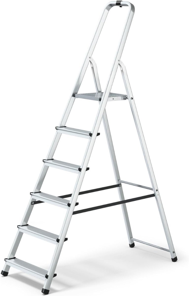 Levo® Huishoudtrap 6 Treden - Keukentrapje Basic Anti-Slip - Keukentrap Inklapbaar - Trapladder Met Leuning - Aluminium - Zilver - 25 cm x 26cm