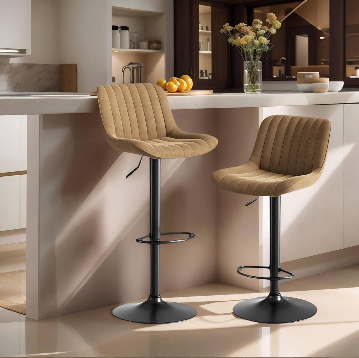 MEUNIQ Barkrukken set van 2 - bruin velvet, hoogteverstelbaar 87-109 cm, 360° draaibaar met rugleuning en voetsteun voor keuken en bar