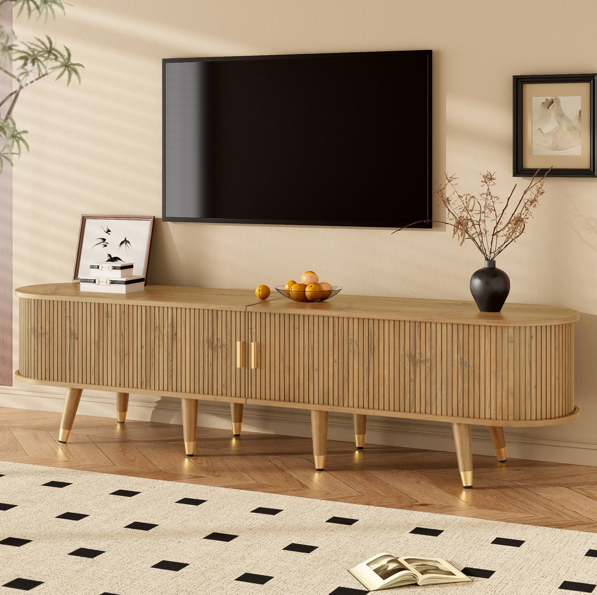 MEUNIQ TV-meubel 175 cm met schuifdeur, open vakken, lades en gesloten opbergruimte voor media-apparatuur in de woonkamer, naturel MDF met goudkleurige details Houtkleur