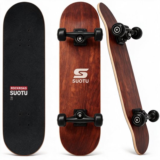 Drie aanzichten van een Suotu skateboard met een houtnerf patroon en zwarte wielen en trucks.