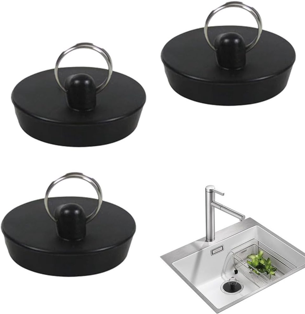 Set van 3 Rubber Afvoerstoppen voor Keuken en Badkamer, Ideaal voor Gootstenen en Badkuipen met Haak
