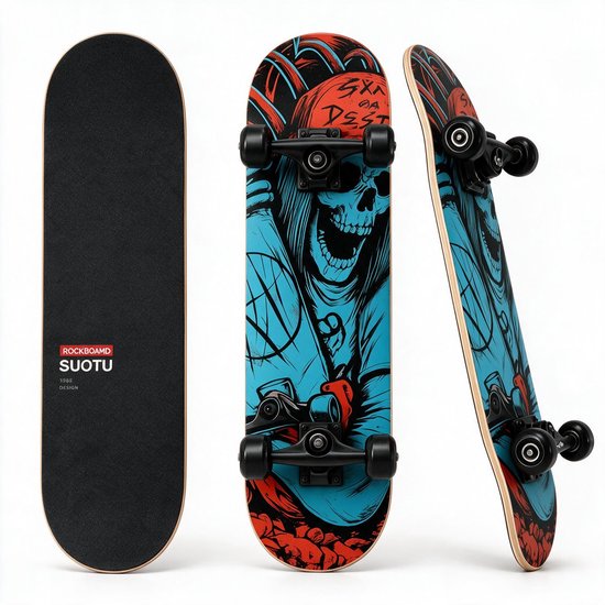 Zwart skateboard met een opdruk van een blauwe, lachende schedel met rode en zwarte accenten.