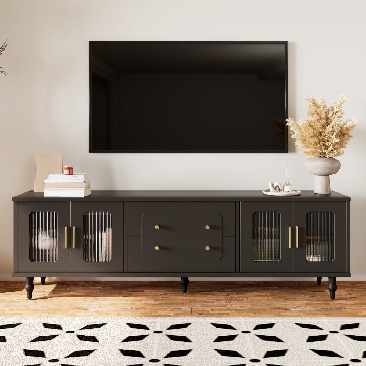 MUVANO Tv Meubel Zwart - Tv Kast 175 cm - Tv Dressoir Retro - Met Geribbeld Glas - 175x38x55,5cm - Push-to-Open - Woonkamer Zwart